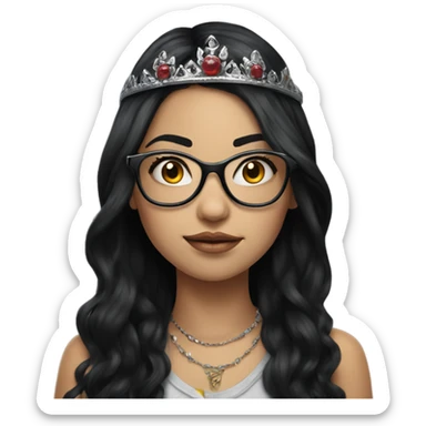 Hyperrealistic beautiful  girl, wearing a crown and glasses with tattoos, with long black hair  sticker