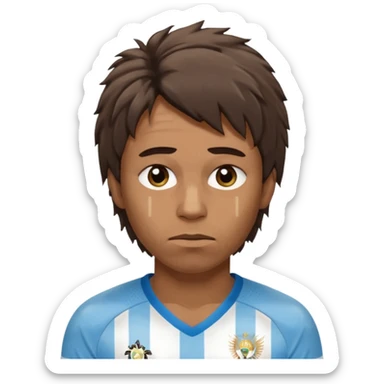Hola hace una persona morocha con pelo mediano pero no peinado y ojeras con remera de Argentina sticker