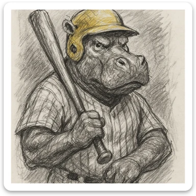 hippo holding a baseball bat, wearing a yellow helmet, pinstripes outfit sticker