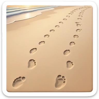 A quiet beach at sunset. Two sets of footprints—one small, trailing behind, the other larger, leading forward. As they continue, the small steps merge into the larger ones, until only one set remains, past and present walking as one. sticker