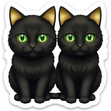 Two black cats. One has short hair and green eyes. The other is fluffy with gold eyes.  sticker