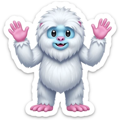 A fluffy, white creature resembling a yeti stands upright, featuring a round body and long, shaggy arms. Its face is smooth with a simple, flat mouth and without eyes. The hands and feet are pink with claw-like digits, and the creature has a whimsical, cartoonish appearance sticker