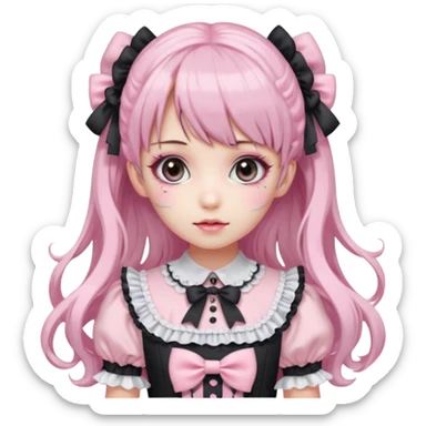 pale girl with long black and pink swirled hair, bangs, grey eyes, doll makeup, in a frilly light pink lolita hime gyaru dress sticker