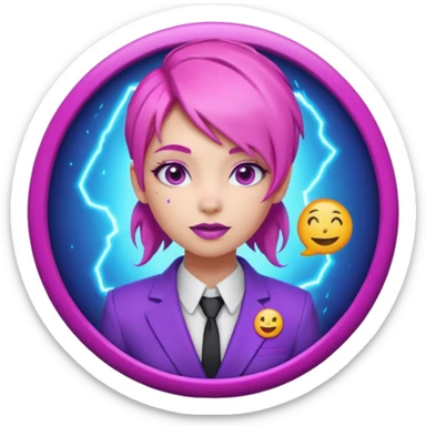 Cute 3D emoji-style girl sexy character with pink hair and purple eyes, inside a circular badge. No hands, no pose. Clean purple suit with a glowing neon-blue ‘C’ logo on the chest, small lightning accent. Smooth Apple-style lighting, friendly expression sticker
