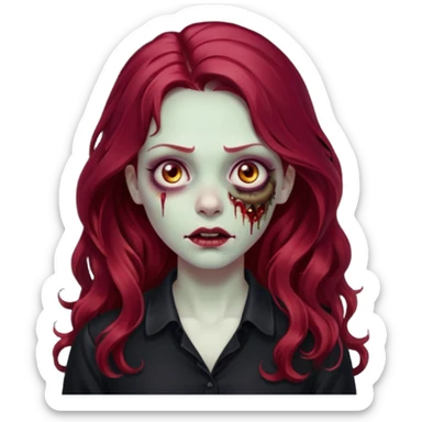 Faça me um emoji de um zumbi mulher de cabelos vermelho borgonha longos ondulado usando uma blusa preta sticker