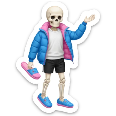 A skeleton with a white shirt blue puffer black shorts and pink slippers sticker