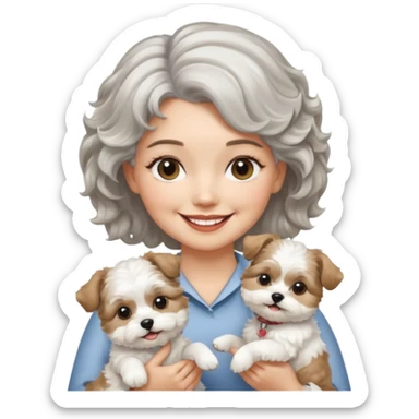 silver, short, wavy-haired with loose curls, smiling pretty lady holding a whit terrier dog and a white and tan shih tzu dog sticker