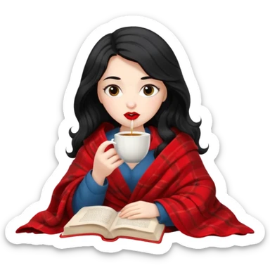 Long wavy Black haired, white skinned, dark big eyed girl with red lipstick wrapped in a blanket, sipping tea and reading a book sticker