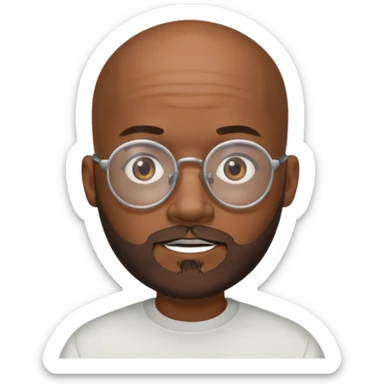 African american male, bald, salt and pepper beard. Round face, glasses sticker