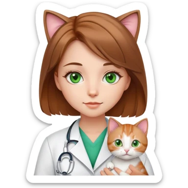 beauty girl medium light brown hair green eyes in a doctor suit and a cute kitty sticker