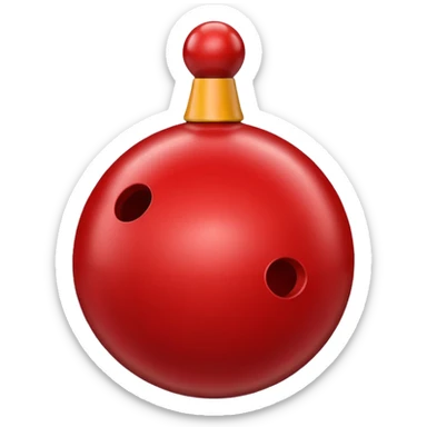 red bowling ball with 3 finger holes in. a triangle sticker