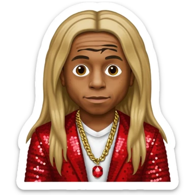 Lil Wayne with long dark blonde hair, red sequin outfit sticker