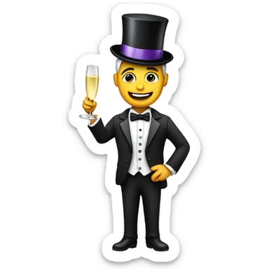 Man in tuxedo winking and holding champagne wearing a birthday hat sticker