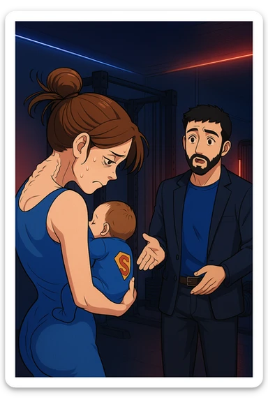 ispirati a questo stile di disegno e fai questa immagine in versione manga/webtoon a colori, il manga mostra la donna preoccupata di profilo con la postura sbagliata e incurvata, spalle chiuse e curve in avanti, con un neonato in braccio con una tutina azzurra e la scritta "S" sulla schiena, spina dorsale storta della donna in evidenza mentre ascolta l'uomo mentre l'uomo gli sta spiegando una cosa, ma non fare i fumetti, fai come se stessero parlando sticker