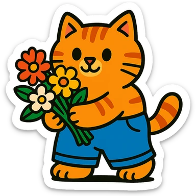 a chubby kitten in pants with a bouquet of flowers sticker