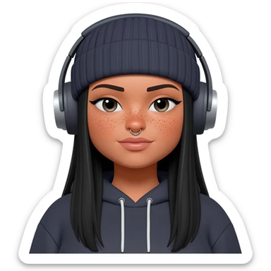 White curvy female with freckles, long straight black hair wearing a beanie and hoodie and nose pierced listening to music sticker