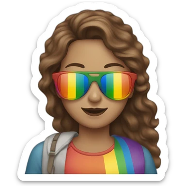 female with brown wavy hair, holding a rainbow flag,rainbow sunglasses  sticker