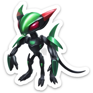 a shiny metallic black Genesect-Flygon-Raptor-Fakémon-Medabot-hybrid with a futuristic visor-helmet full body sticker