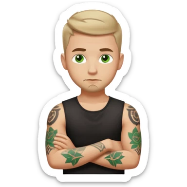 White young man with short dark taper fade hair cut and slight goatee and neutral expression with his arms folded. Green eyes and arm tattoos sticker
