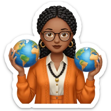 a young woman wearing fine gold round glasses and black hair in several box braids, no earrings, she has light black skin, and she's wearing a white shirt with an orange-terracotta cardigan on top. She's holding a globe in one hand sticker