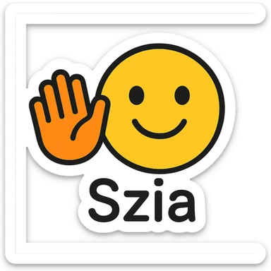 Create a friendly, modern waving thank you emoji with the text "Szia" included, suitable for a YouTube channel with a transparent background. The style should be color outlined with black outlines and support text. sticker