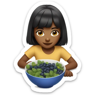 brown girl with black hair with bangs eating blueberries in bowl sticker
