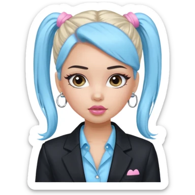 generate a pretty bratz girl wearing a light blue full sleeve shirt. silver small hoops, pink lipgloss, black blazer. black hair tied up in a ponytail sticker
