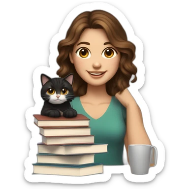 A smiling woman holding a stack of books, she has brown wavy hair in a middle part. There is a black and white cat sitting beside her. The woman has brown eyes  sticker
