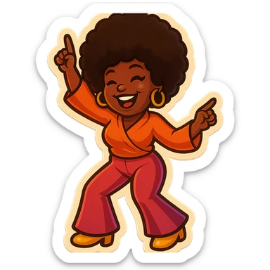 Create an emoji of a female African American in 1970s disco style. Capture her joyful expression, afro hairstyle, and similar outfit pattern, in a dancing pose with vibrant disco flair, in retro stickers style. sticker