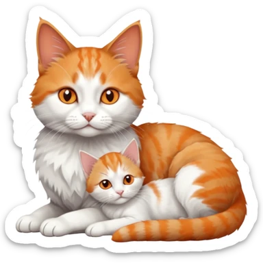 full body of a grey and white cat cuddling a very small + skinny ginger and white kitten with deep orange eyes and triangular shaped face lying down sticker