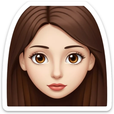 Una chica con piel muy clarita con pleo liso largo de color castaño y unos ojos marrones oscuro y labios grandes y nariz bonita y con unas pestañas sticker