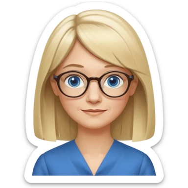 50 yr old white woman, hippie parted very long hair, short bangs, very long straight blond hair, oval face, small smile, blue eyes, thin face, hair downback, hair parted at center of head, round cheeks, pale, longer hair, business dress, long hair, big square glasses sticker