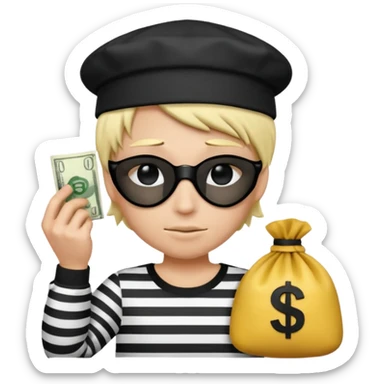 Realistic ios emoji-style portrait of a classic burglar, a black eye mask and a black-and-white striped shirt. emoji-like hair, black hat, a bag of money 💰 with a dollar sign in a right corner, mean expression  sticker