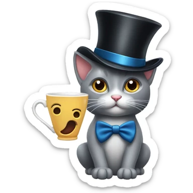 A surprised grey cat with a mustache and a top hat, a cup tea with big surprised eyes, an Englishman  sticker