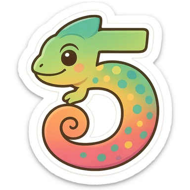 colorful and playful chameleon shaped like the number 5, blending its body into the form of the digit sticker