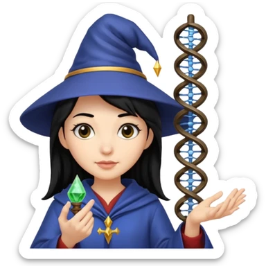 Female wizard with black hair holding a double helix DNA in her hand sticker