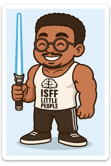 Add a detailed cartoon style lightsaber in the character's hand, keeping the light blue background as is. sticker