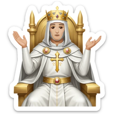 King Baldwin IV from Kingdom of Heaven, sitting on a throne in a holy white costume. He wears a silver mask covering his face, his head slightly bowed, and his right hand raised in a blessing gesture. sticker