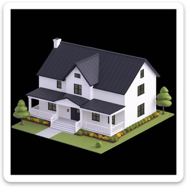 modern farmhouse with white siding, black roof and black trim, isometric exterior view sticker