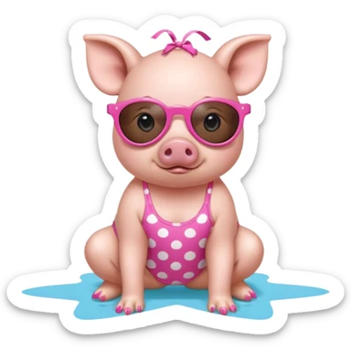 cute pig wearing  star-shaped sunglasses and polka dot bathing suit on all fours with nail polish sticker