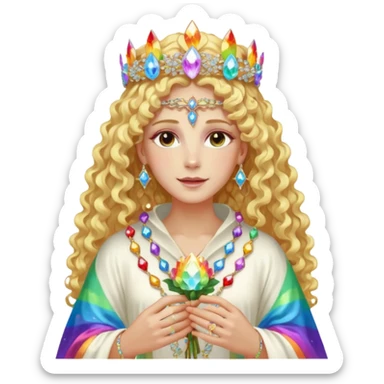 a being made of light pleidian nordic long faces and curly blond hair but beautiful features of light wearing jewels and a rainbow halo like a saint arount herwith a robe on made of light and diamonds semi transparent belly dancer and who is lanky holding a bouquet of crystal flowers on rainbow fire sticker