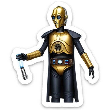 undercover tough well-equipped jedi first order life-sized darkblue-pearl C3po as a friendly bounty hunter droid wearing a leather clothing old west duster coat holding light saber sticker