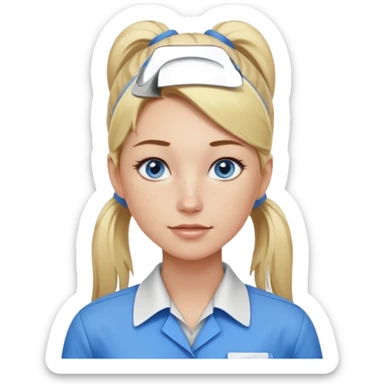 Just a head, blonde hair with lowlights in a ponytail, blue eyes, some freckles, a little older female ready to get some tasks done at work, no body and just one pony high on the back of the heard sticker