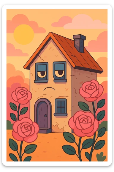 shabby house with pink roses and a sunset, pastel color palette, gentle lighting, whimsical mood sticker