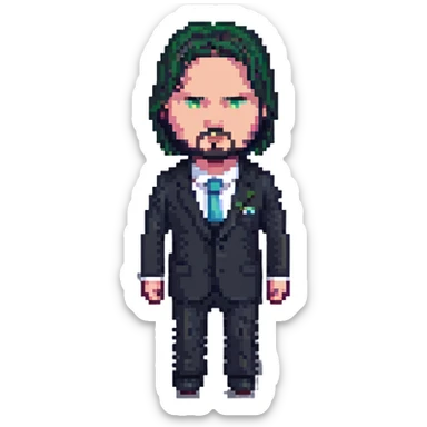 John Wick, action hero, dark suit, intense expression, pixel art style sticker