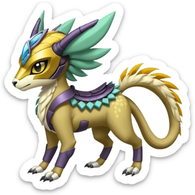 Colorful masked armored leathery scaly furry Futuristic Meloetta-Manectric-Solgaleo-Raikou-Pokémon-Digimon-Fakémon-fusion-hybrid-creature sticker