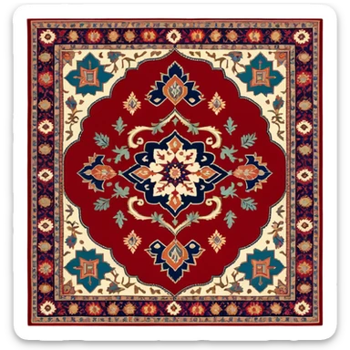 Cinematic Realistic depiction of a richly patterned Turkish carpet, rendered with exquisite details and vibrant colors, set against a soft, warmly lit background that emphasizes its artisanal craftsmanship sticker