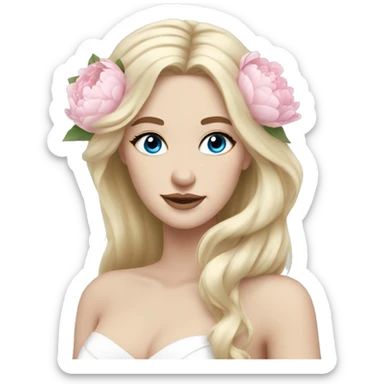 White bride with long light blonde hair and blue eyes with light pink peonies in hair white skin  sticker