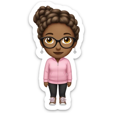 girl with white glass, a pink sweatshirt, black leggings, a braid in her brownish hair, and diamond earrings sticker