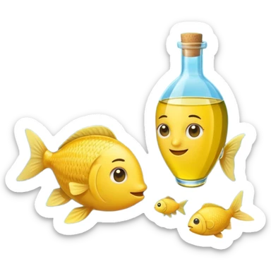 Mediterranean cuisine humanless avatar in clean emoji-style illustration. Olive oil, fish, lemon, blue and sunny colors, light and fresh mood, flat design, high contrast. sticker